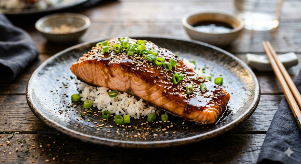 teriyaki salmon with glossy sauce, sesame seeds and green onions