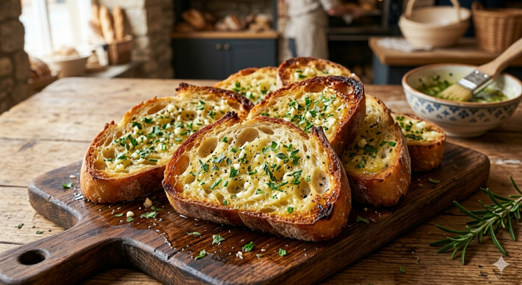 garlic bread slices with melted butter and herbs