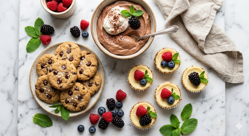 A beautifully arranged flat-lay of assorted keto desserts