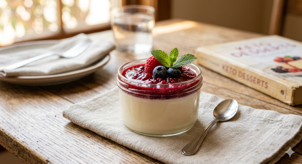 An elegant keto panna cotta in a small glass jar