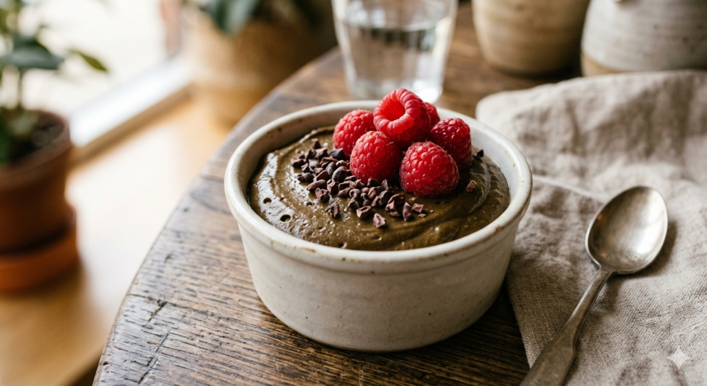 A dark green-brown avocado chocolate mousse