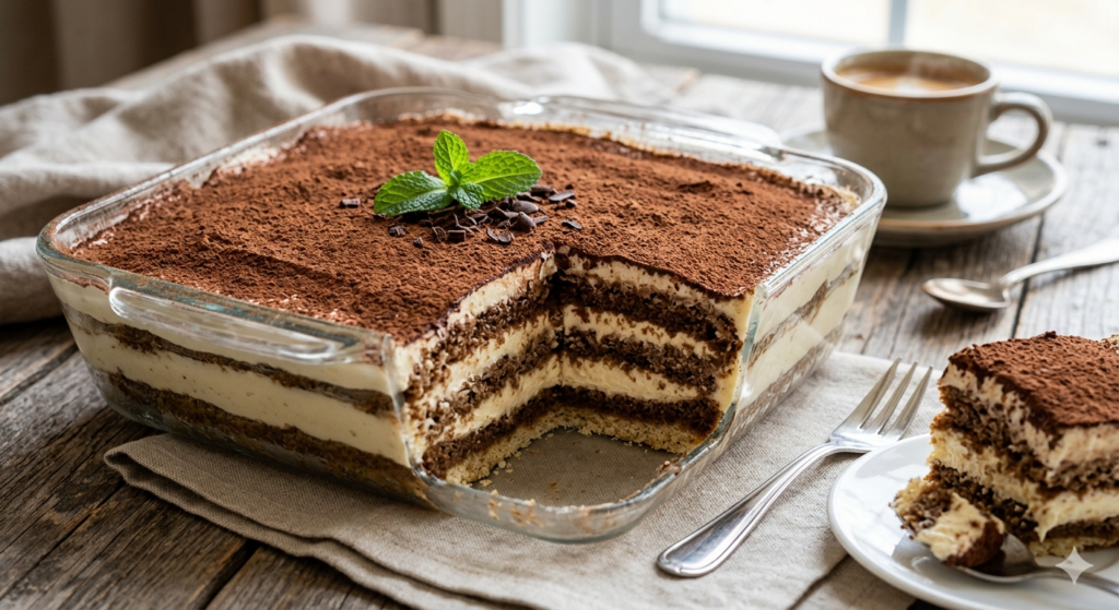 A glass dish of layered keto tiramisu