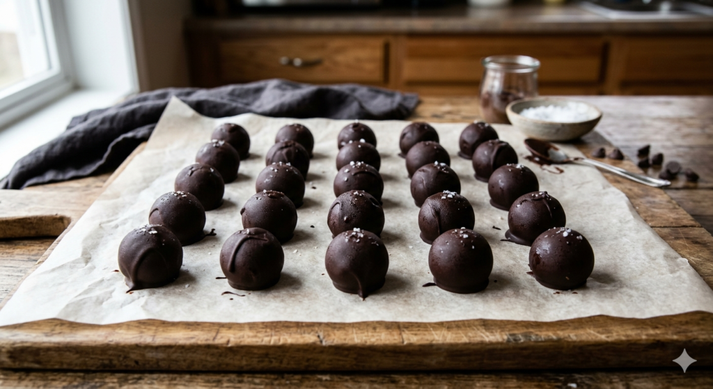Round peanut butter fat bombs coated in dark chocolate