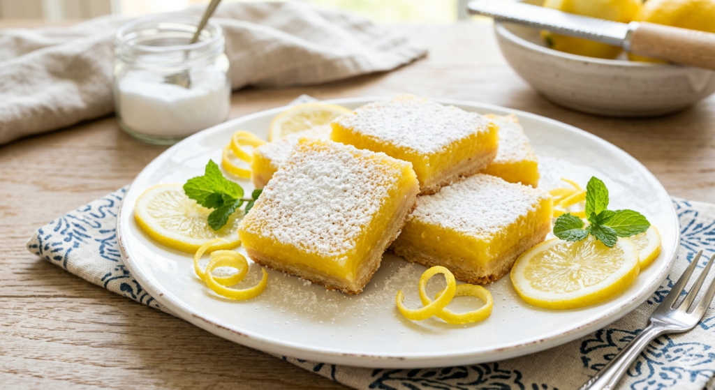 Bright yellow lemon bars dusted with powdered erythritol