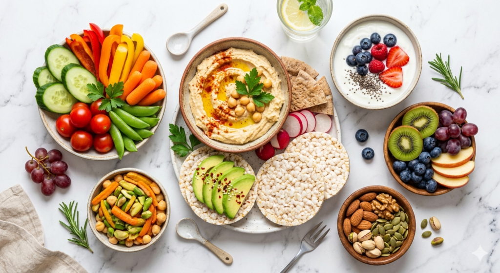 A colorful flat-lay of healthy low-calorie snacks