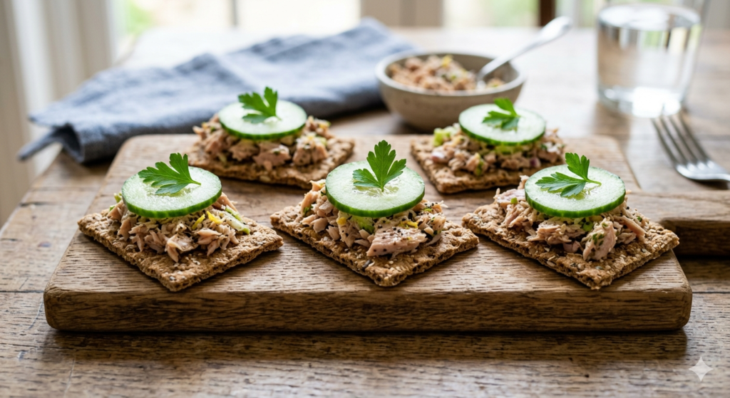 Whole grain crackers topped with seasoned canned tuna