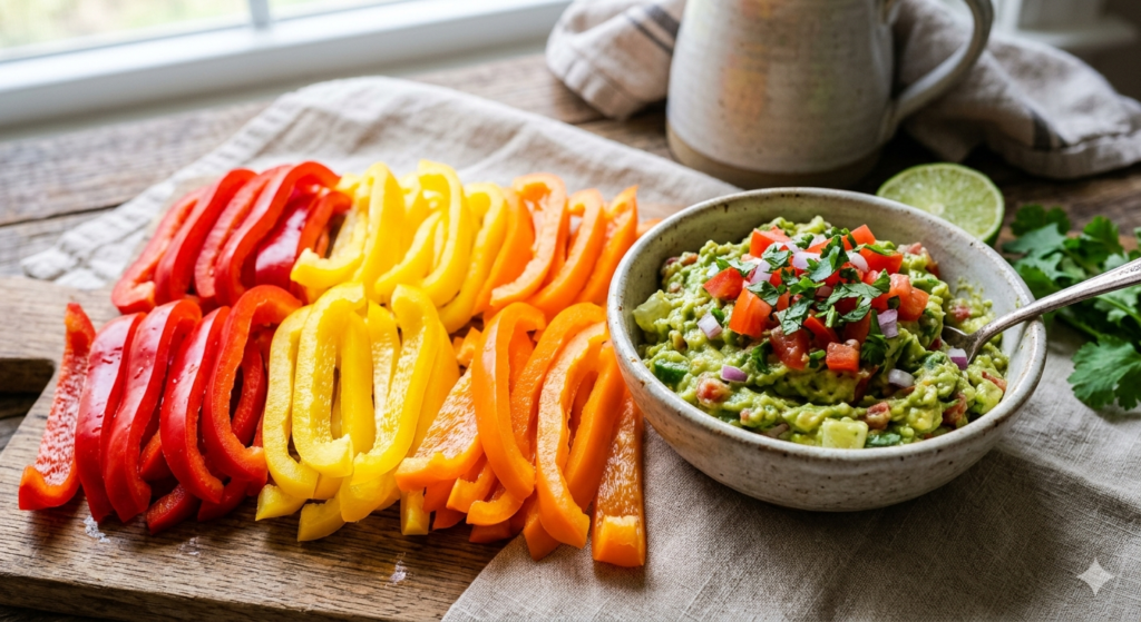 Sliced Bell Peppers with Guacamole