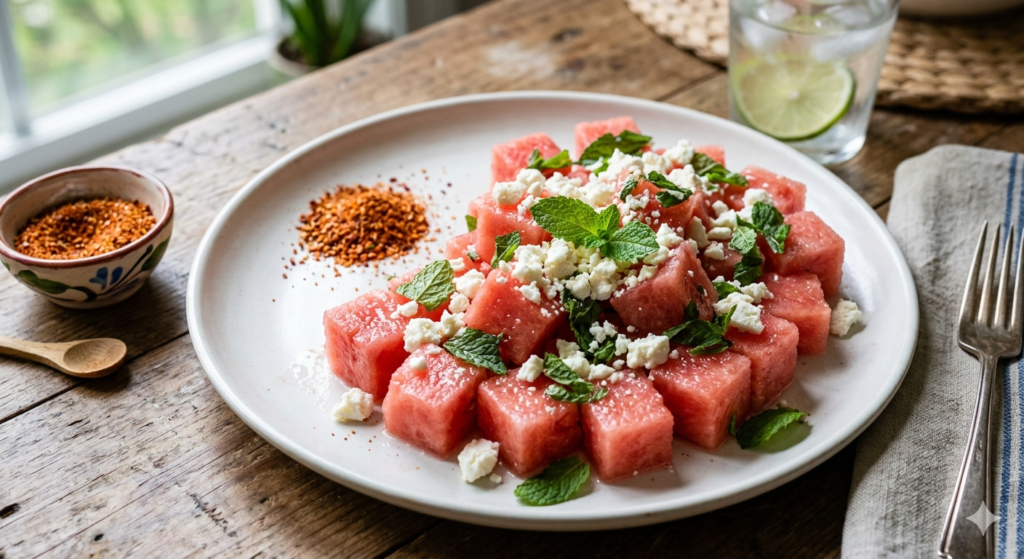 Watermelon Cubes with Feta and Mint
