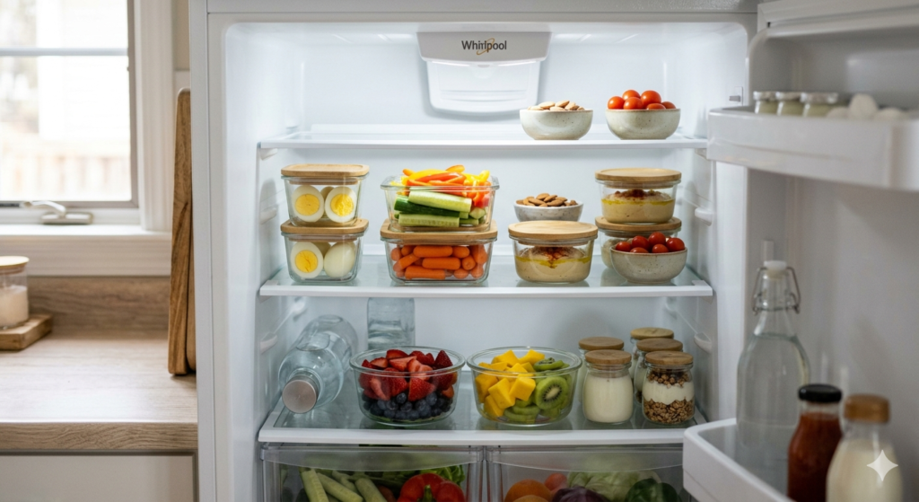 A well-organized open refrigerator