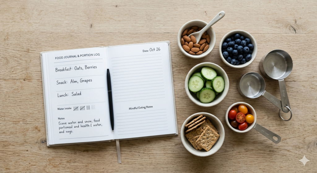 A clean overhead shot of a food journal and measuring cups