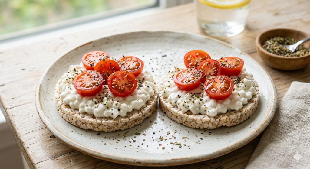 plain rice cakes topped with a generous spoonful of white cottage cheese