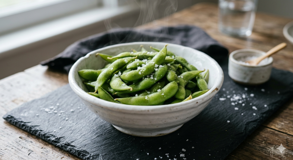 A white bowl of steamed edamame pods lightly sprinkled with flaky sea salt