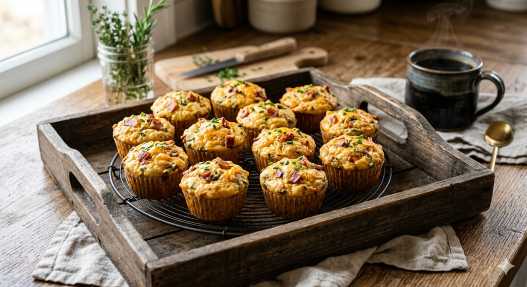 A rustic wooden tray holding a dozen golden-brown keto breakfast muffins