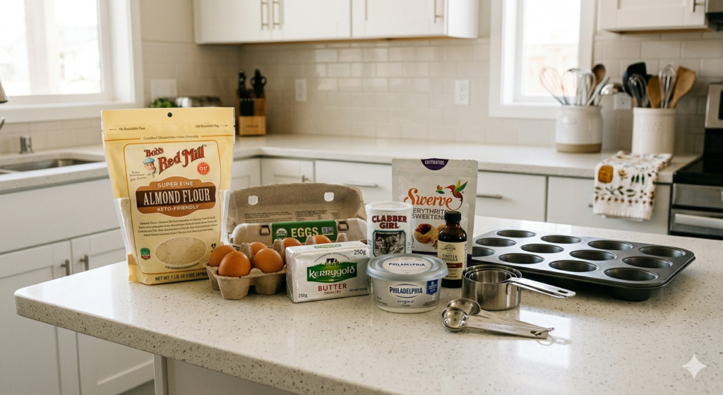 A clean kitchen counter with keto baking ingredients laid out