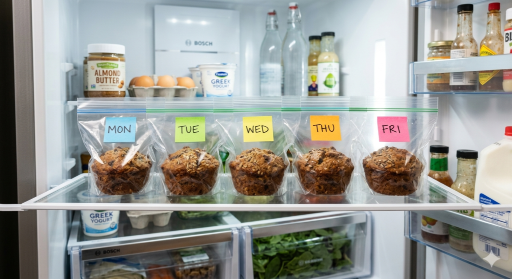 A neat row of prepped keto muffins in individual zip-lock bags inside an open refrigerator