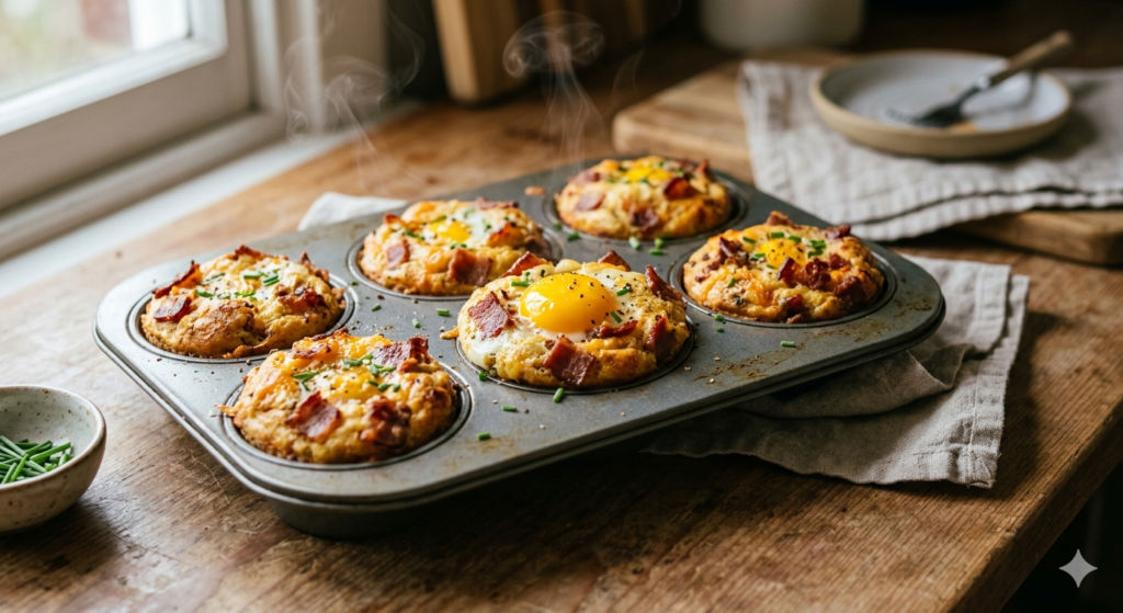 Freshly baked bacon and egg keto muffins in a muffin tin