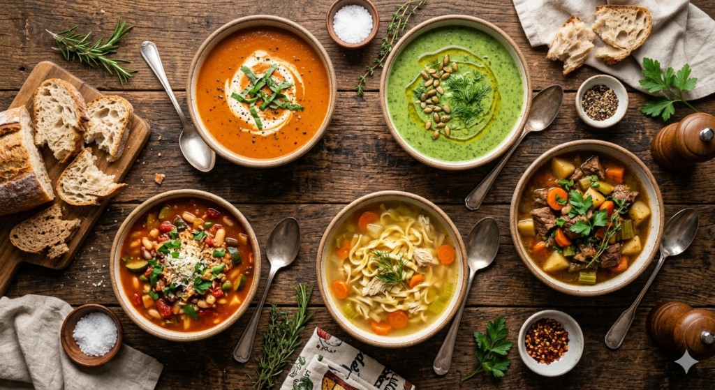 A cozy overhead flat-lay of five different soup bowls arranged on a rustic wooden table