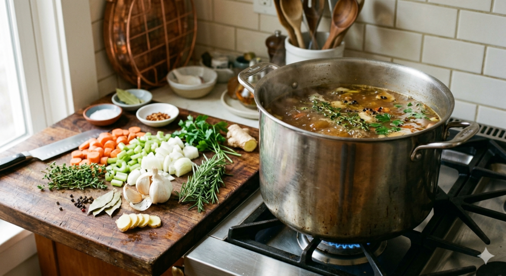 A large stainless-steel stockpot on a stove-top