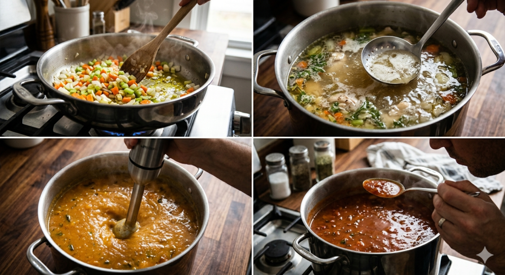 A collage of four soup-making technique shots