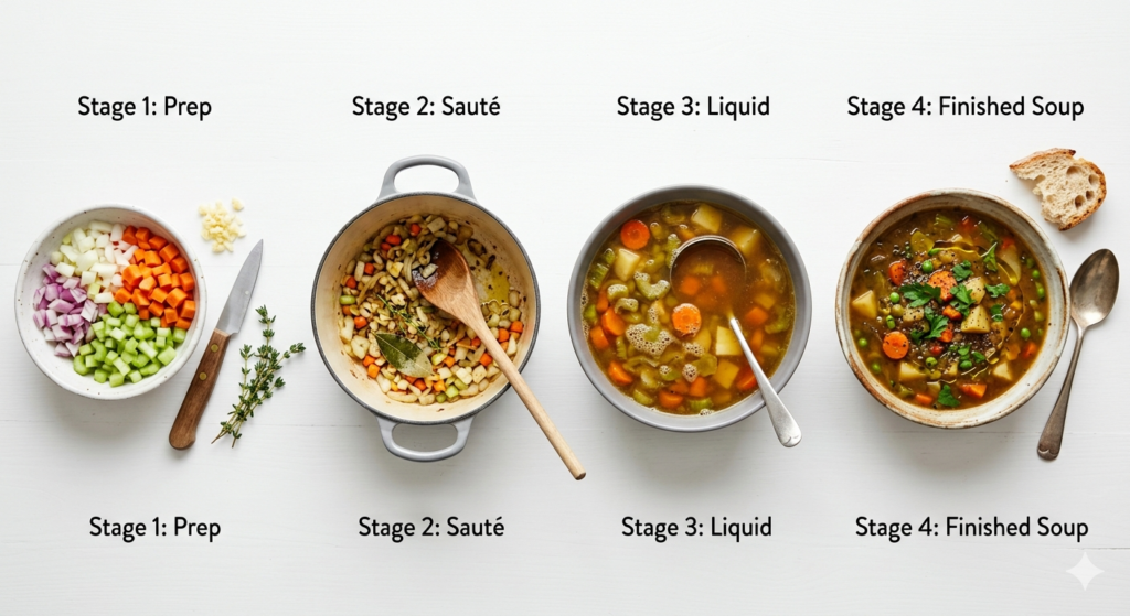 A step-by-step flat-lay showing the stages of building a soup