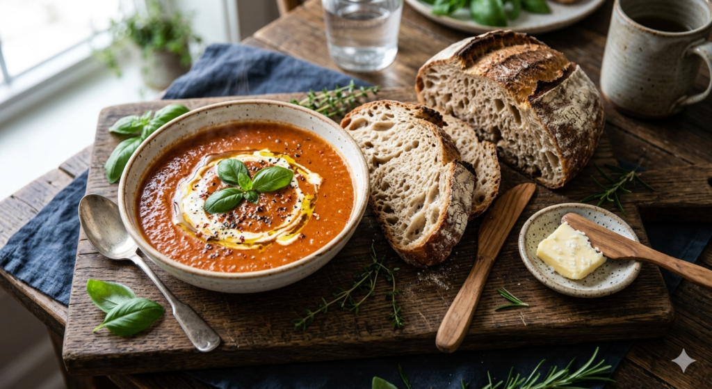 A beautifully styled soup and bread pairing