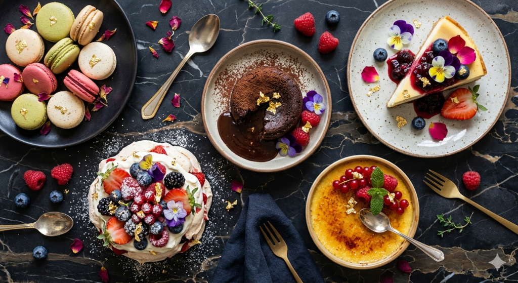 A stunning overhead flat-lay of luxurious desserts arranged on a dark marble surface