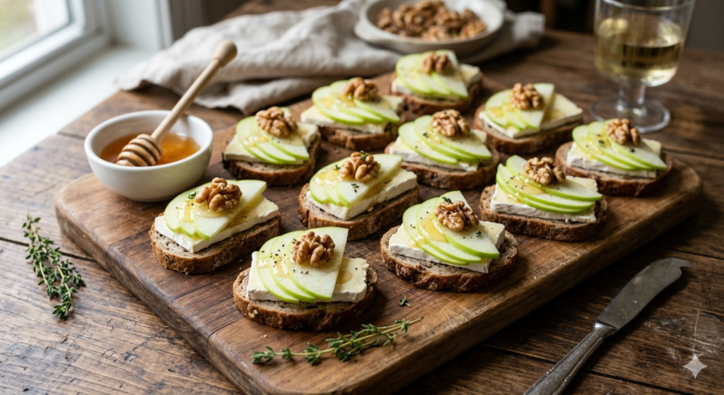 Elegant small open-faced sandwiches on thin slices of walnut bread, each topped with a slice of creamy Brie, a thin crisp green apple fan, a drizzle of golden honey, and a single toasted walnut half, arranged on a wooden cheese board