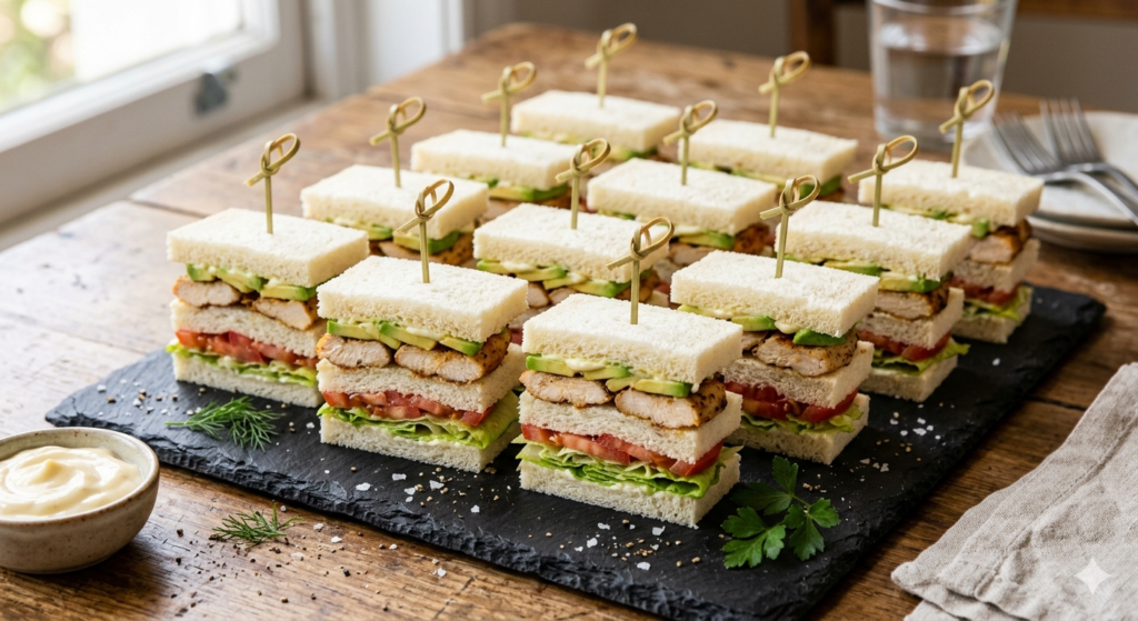 Layered mini club-style finger sandwiches on white bread