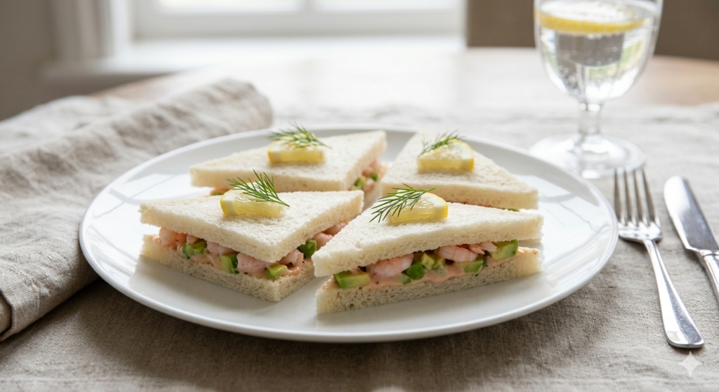 Elegant prawn and avocado cocktail finger sandwiches