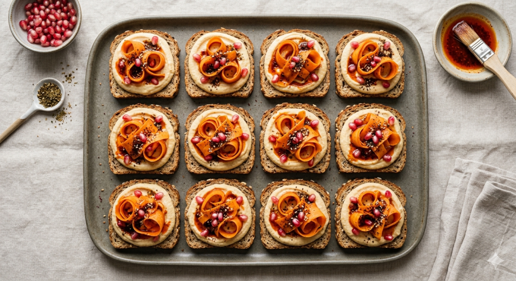 Hummus, Roasted Carrot, and Harissa sandwiches 