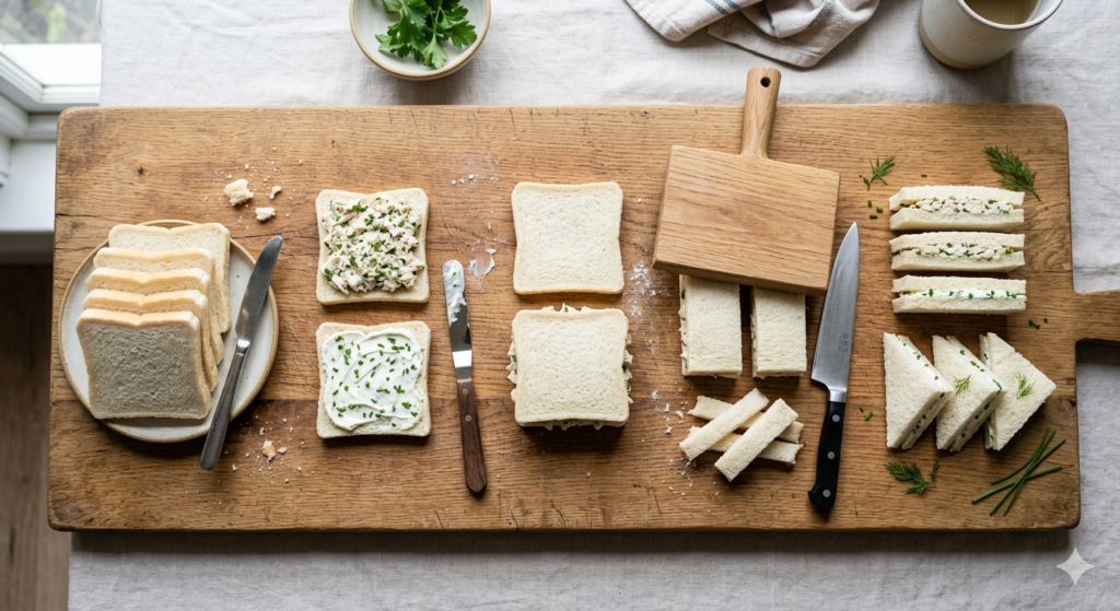 A close-up overhead shot of a wooden board showing the stages of making a perfect finger sandwich