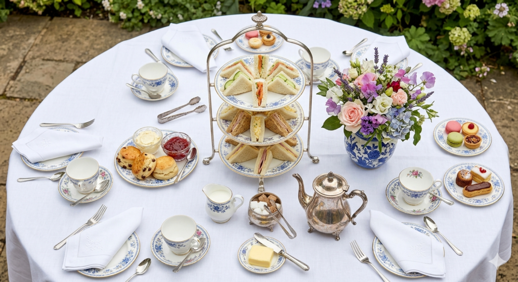 A beautifully styled tea party table from above showing a three-tiered stand of mini sandwiches at the center
