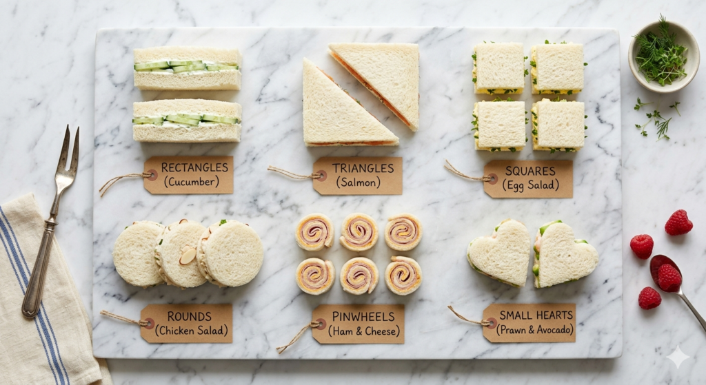 An overhead flat-lay showing six classic tea sandwich shapes cut from white bread on a marble surface