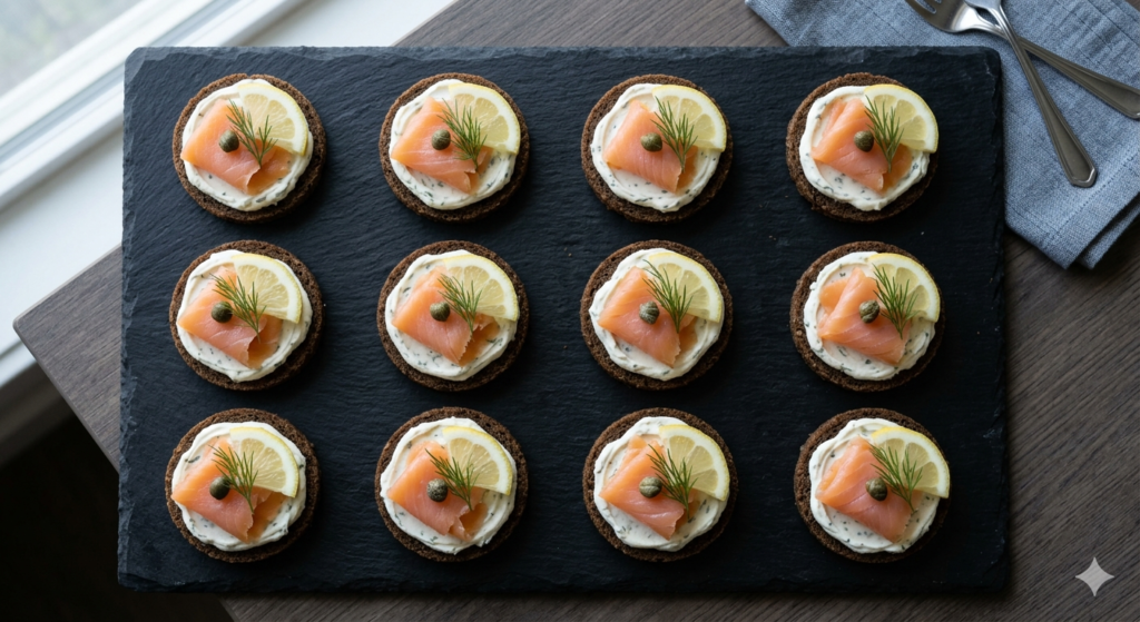 Elegant open-faced mini smoked salmon sandwiches