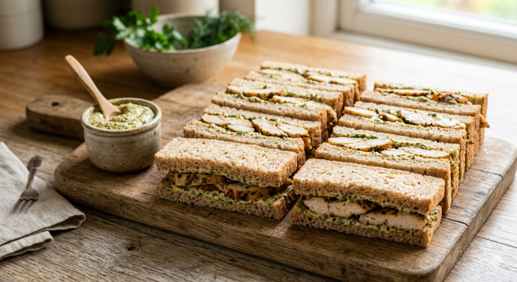 Neat grilled chicken and herb mustard finger sandwiches