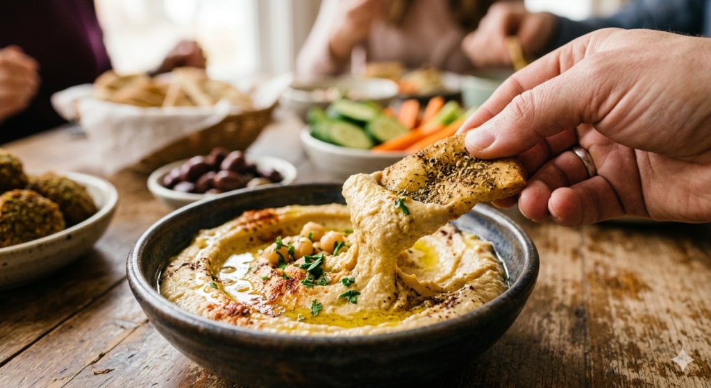 A close-up shot of a hand dragging a thick pita chip through a bowl of creamy, olive oil-drizzled hummus
