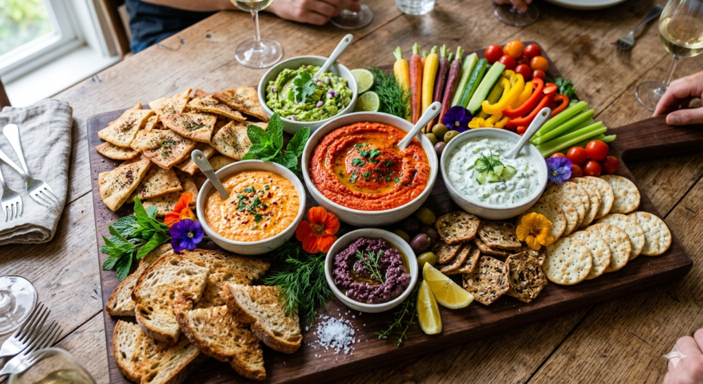 A large wooden serving board beautifully arranged as a dip board