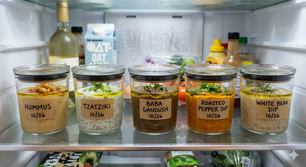 A neat row of glass airtight containers in a refrigerator, each filled with a different prepared dip
