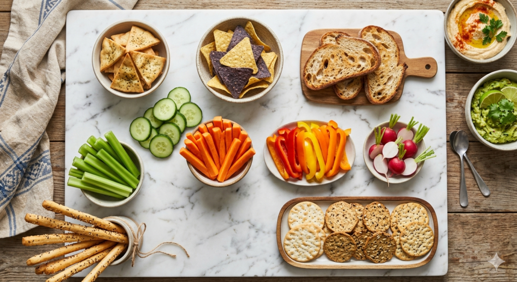 An abundant flat-lay of dipper options arranged in groups on a white marble surface