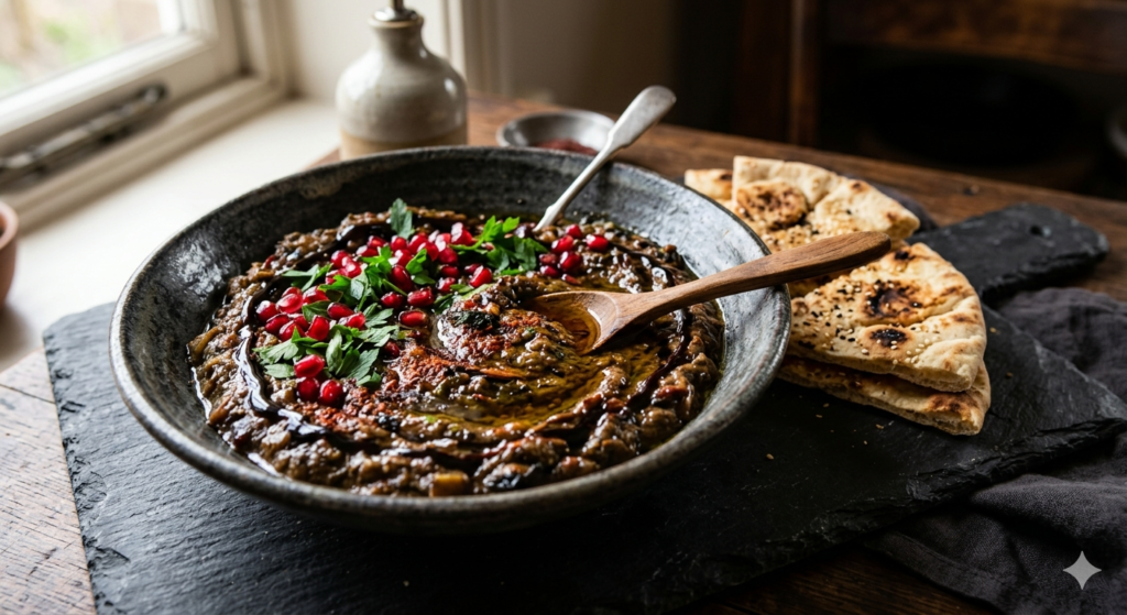 A dark, smoky baba ganoush in a wide bowl