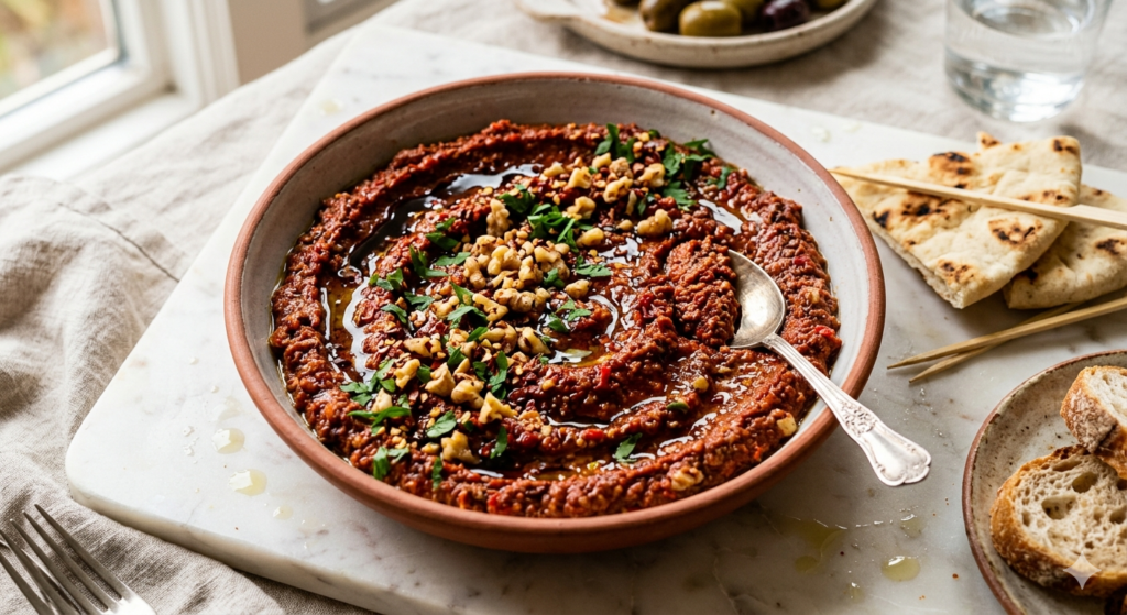 A rich, deep red muhammara dip in a wide bowl