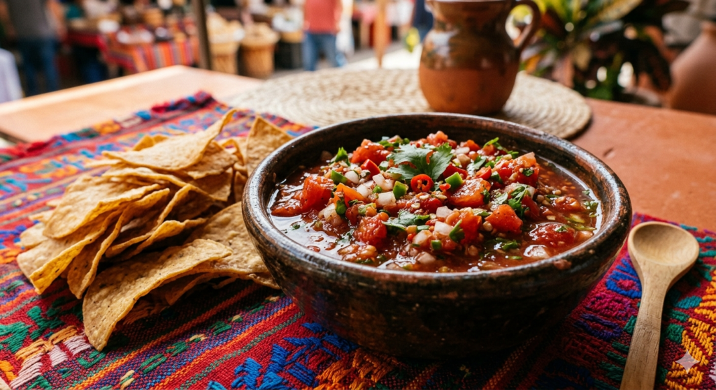 A bowl of vibrant deep red fresh tomato salsa roja with visible chunks of tomato