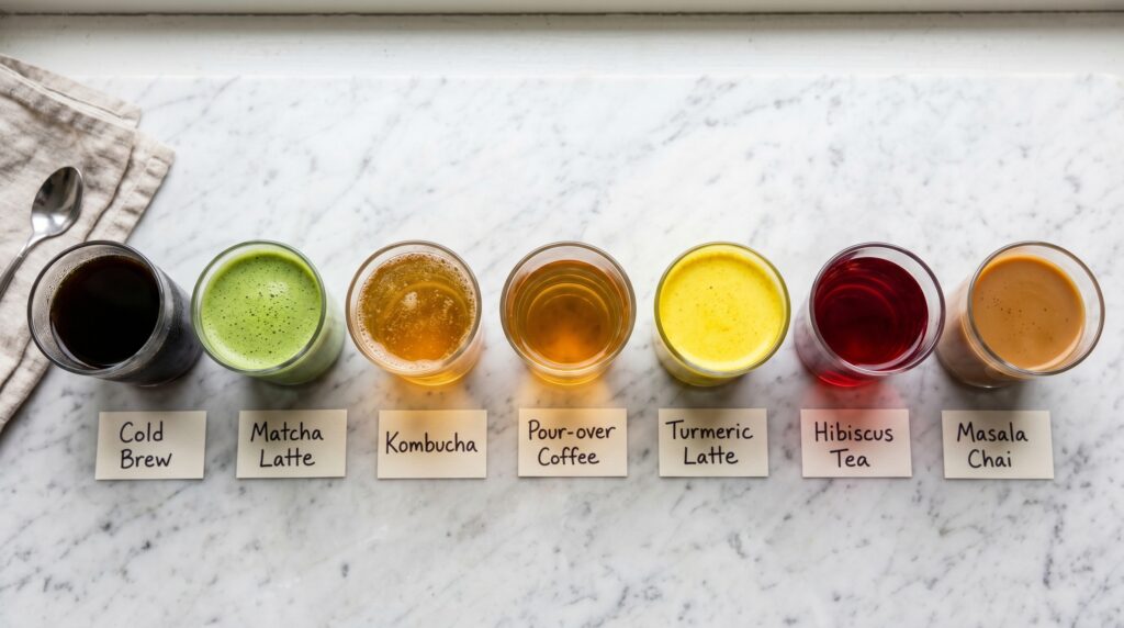 A beautifully designed comparison flat-lay on a white marble surface with seven small glasses or cups each containing a different brew drink side by side