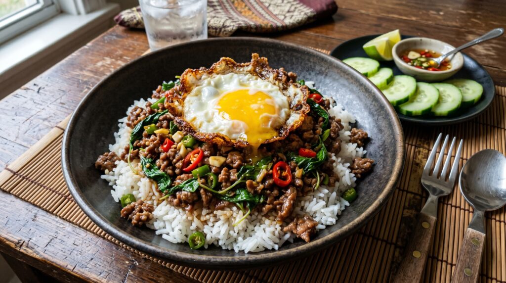 A vibrant, fragrant Thai basil beef over jasmine rice in a wide dark bowl