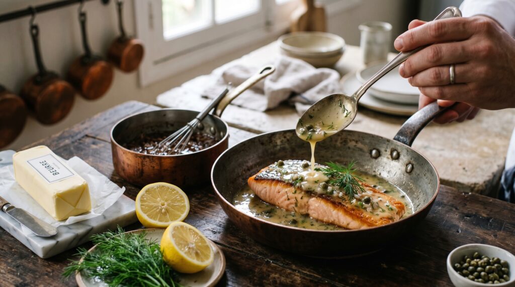 A silky, glossy lemon butter sauce (beurre blanc) being spooned over a pan-seared salmon fillet
