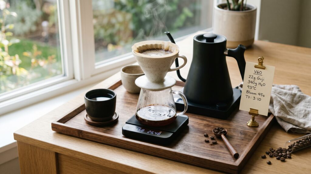 A thoughtful, meditative brew setup on a wooden tray