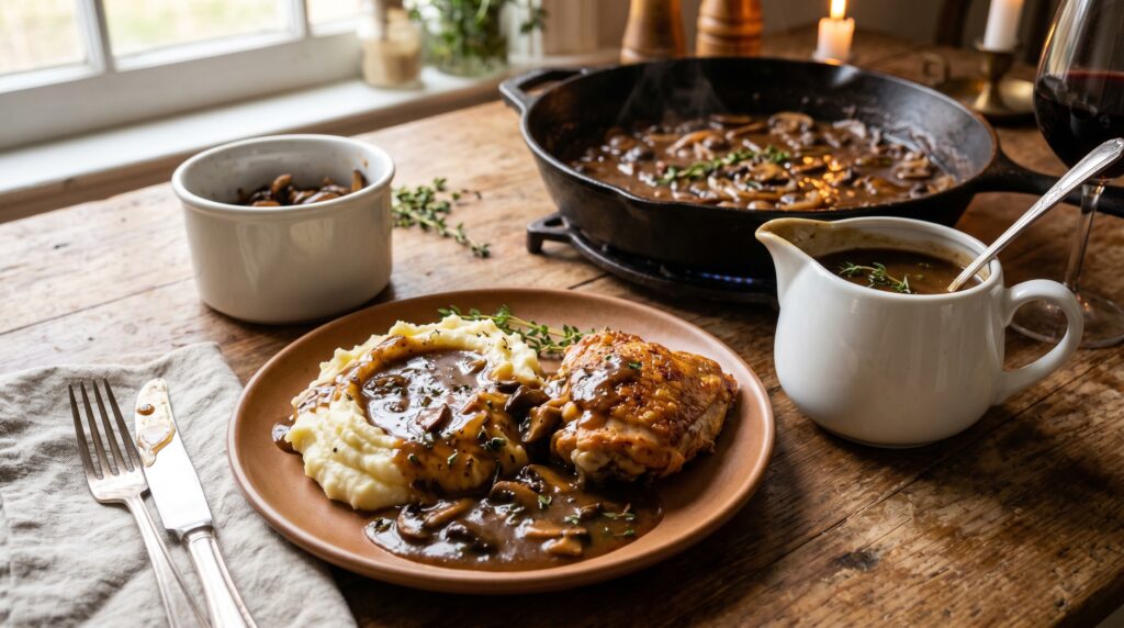 A deeply colored, glossy mushroom gravy in a small white ceramic pitcher and pooling alongside a serving of roasted chicken or mashed potato