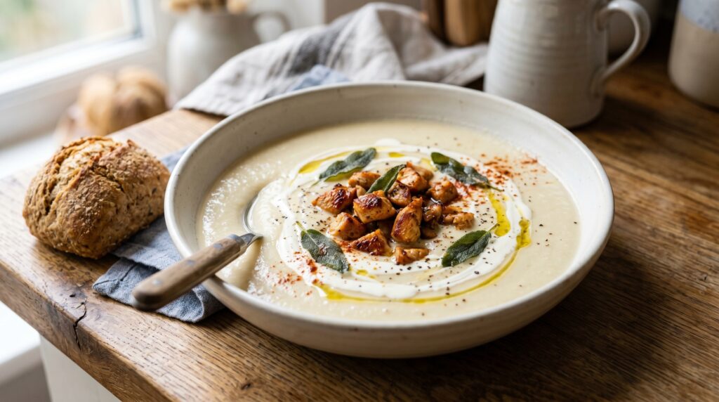 Cauliflower Soup with Crispy Chicken