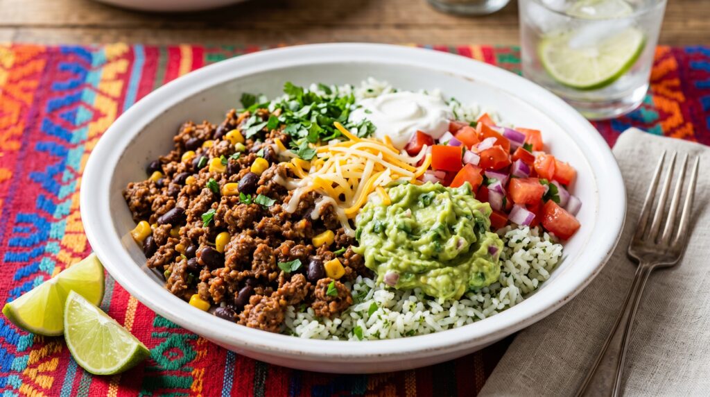 A vibrant, generous Mexican ground beef burrito bowl in a wide white bowl