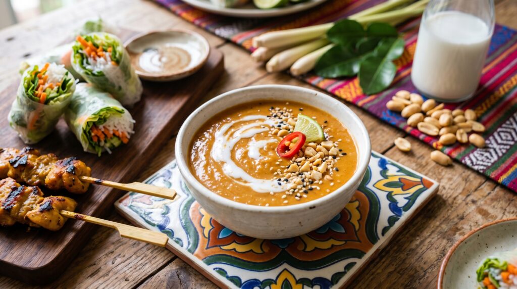  A vibrant, creamy Thai peanut sauce in a small white bowl